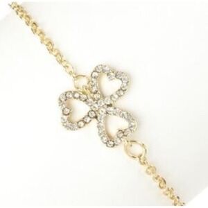 Gold Tone Clover Heart Rhinestone Bracelet 6" w/ 1" Extender *NEW*